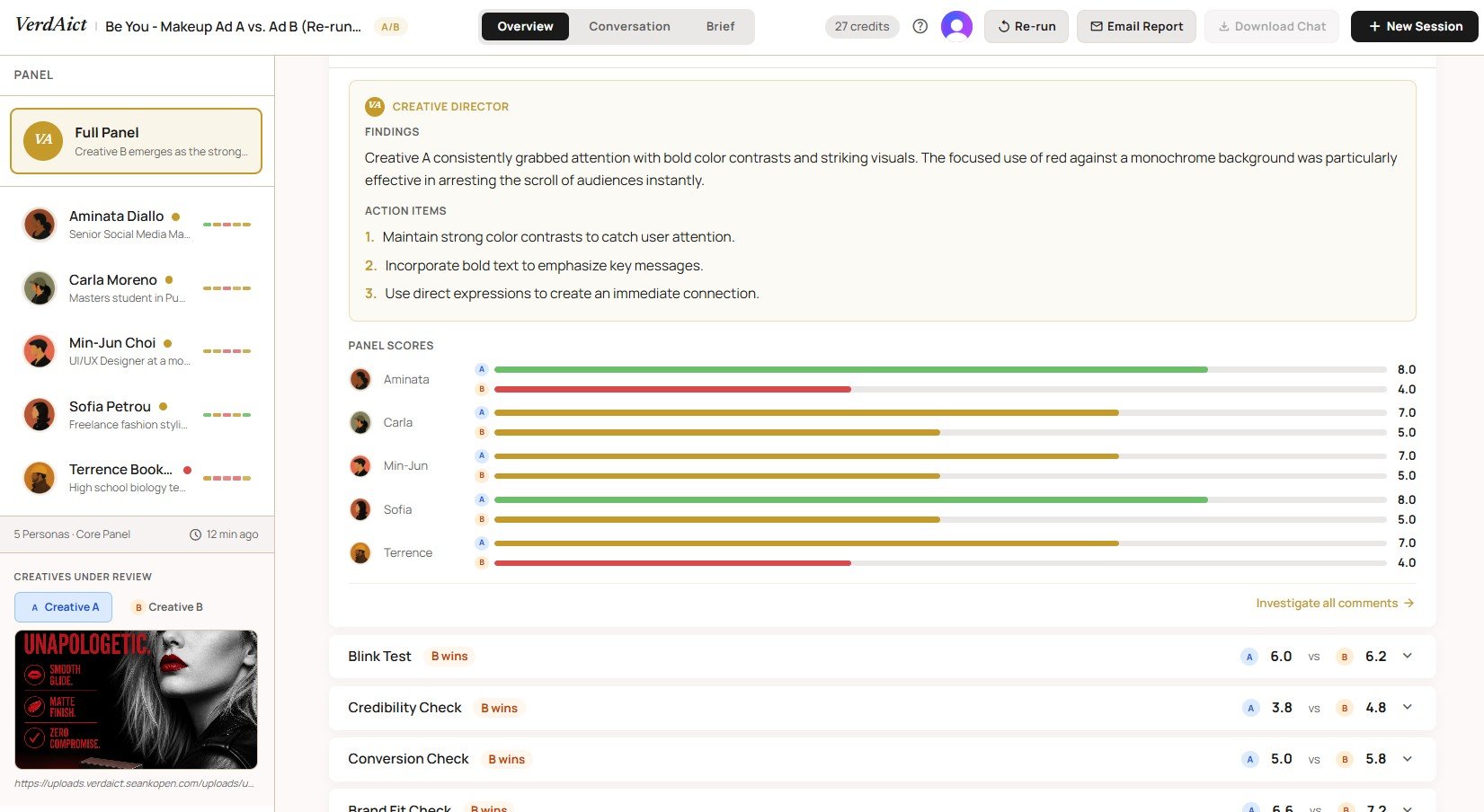 VerdAict A/B compare mode showing side-by-side radar charts for two creatives