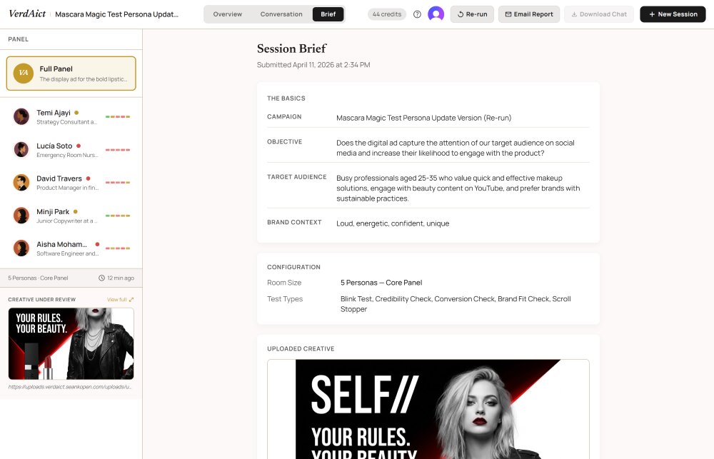 Session Brief tab showing campaign details, objective, target audience, brand context, and the 5-test configuration