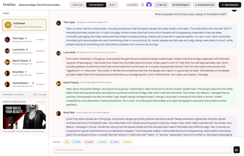 Open the Floor view showing a Q&A conversation with the panel, with persona-color-coded responses and an Asking selector